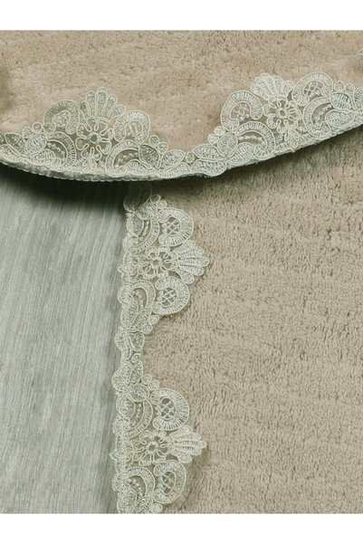 Myevilla Çeyizlik Laced Lace Bath Mat Set with Non-Slip Base and Laced Towel Set 3-Piece Beige