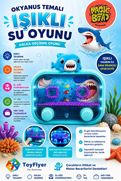 BigsToy Halka Geçirme Su Oyunu - İki Tuşlu Işıklı Shark 2586BC-K12AçıkMaviShark