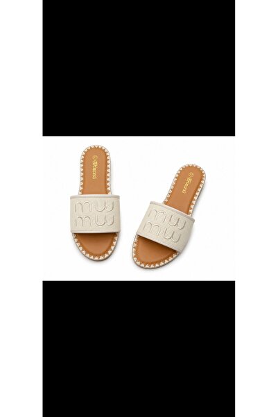 OEM Papuci de Damă Fashion Premium, Alb/Ecru, Detaliu Logo Embroidered "MM", ...