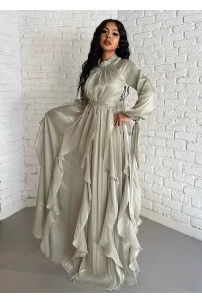 moneta boutique فستان سهرة نسائي طويل من الشيفون بتصميم مكشكش