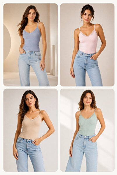 fevien 4-Pack Women's Cotton Thin Strap Lace Detailed Crew Neck Ribbed Flexib...