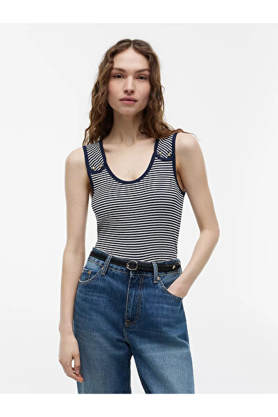 Tommy Hilfiger Kadın Slim Fit Yuvarlak Yaka Çizgili Kalın Askı Lacivert-Beyaz...