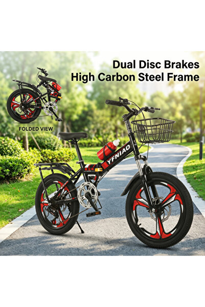KidLe 18 Inch Foldable Mountain Bike, 7-Speed Bicycle with Steel Frame Dual B...