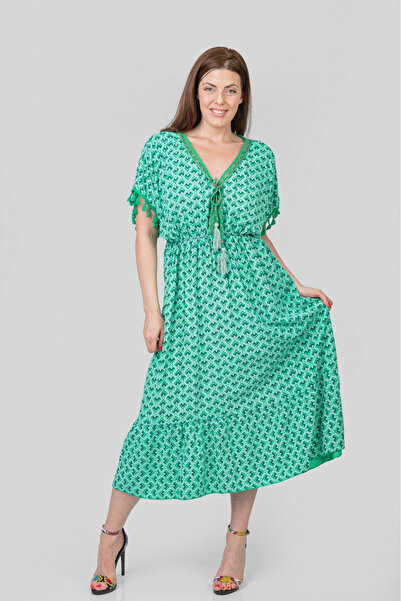 OEM Rochie verde cu ciucuri si model mandala