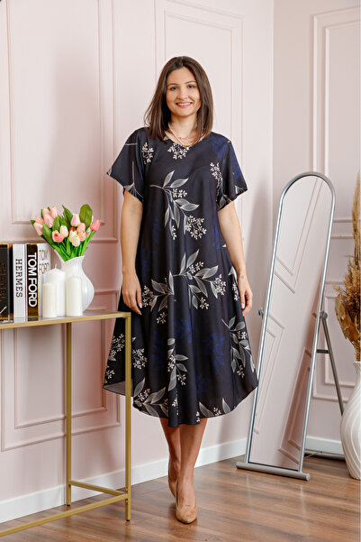 OEM Rochie dama bleumarin plus size cu imprimeu floral si croi lejer Jany