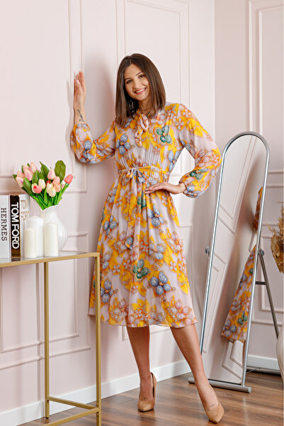 OEM Rochie dama galbena Alessandra din voal cu imprimeu floral si cordon in t...