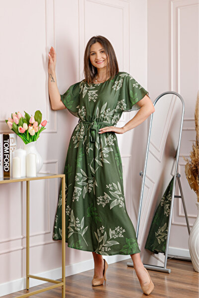OEM Rochie dama kaki Artemis cu imprimeu floral si cordon in talie