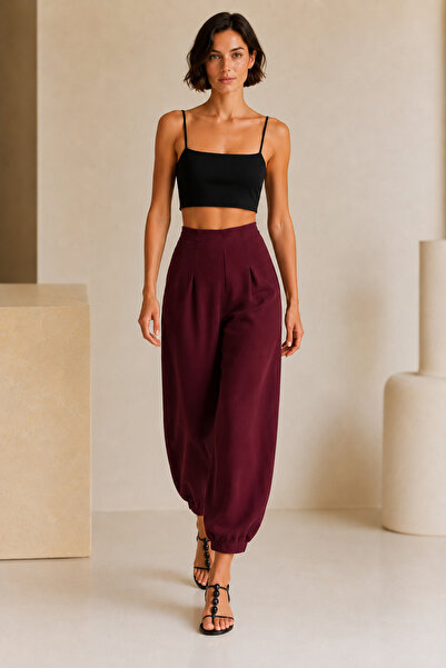 MossMoi Pantaloni tip balon din țesătură crep Scuba, model shalwar, roșu claret