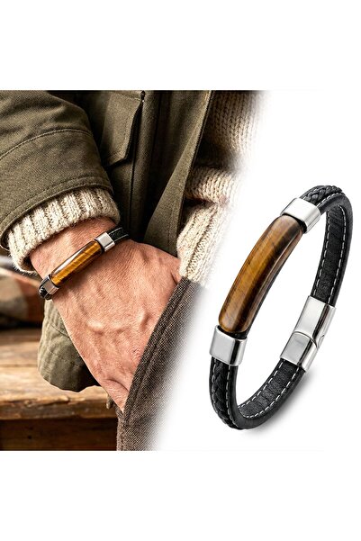 FM 💎   Premium Tiger's Eye Stone & Leather Cord Titanium Steel Men's Bracele...