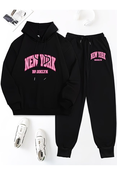 WOODROFFE Women's New York Printed Oversize Hooded Tracksuit Set Loose Fit