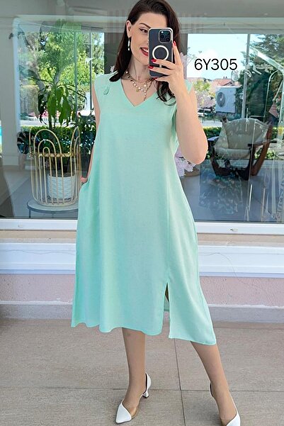 İnce Topuk Button Detail Waist Tie Linen Dress 6Y305