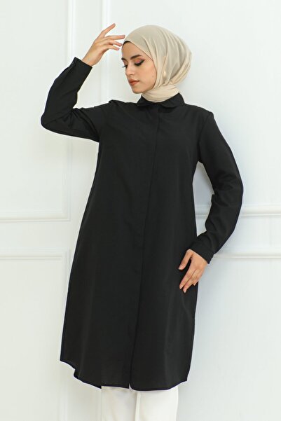 comstar Women's Premium Extra Long Daily Black Polo Collar Hijab Shirt Dress
