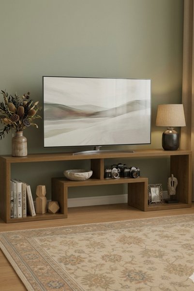 ibrahim suleiman al saqami Luxury Wooden TV Table – Natural Oak Finish Geometric Media Console Stand