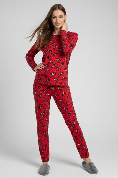 TOFİSA Patterned Suede Pajama Set - 28155-Red
