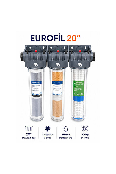 AQUA BELLA Eurofil 20'' Tesisat Tipi 3'lü Su Arıtma Cihazı Yıkanabilir-Reçine...