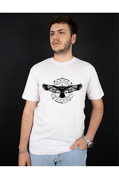 Krays تي شيرت للجنسين مطبوع عليه Bird Eagle Compass باللونين الأسود والأبيض 1...