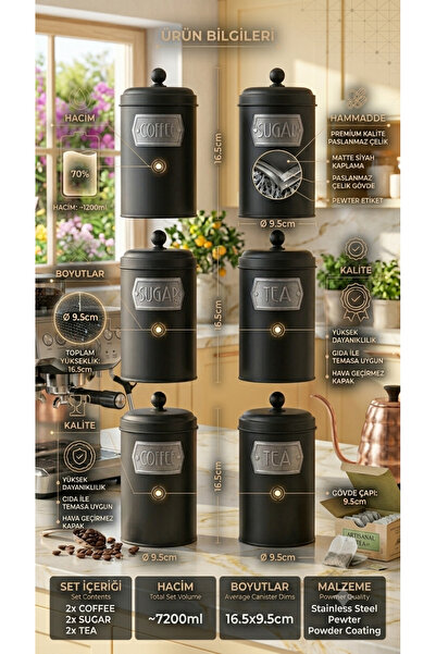 The Mia Matte Black Stainless Steel 6-Piece Tea Coffee Sugar Storage Jar Set!