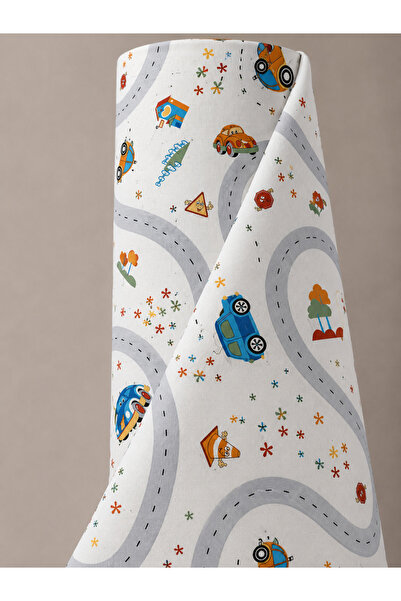Bebek Özel 1 Roll (30 Meters) 100% Cotton Poplin Fabric with Traffic Car Patt...