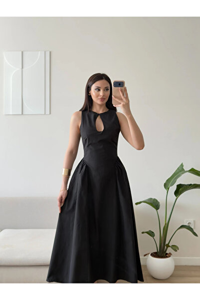 Zoom Butik Göğüs Pencere Keten Premium Elbise - SİYAH