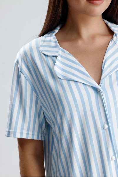 Lahor Secret Women's Milan Fabric Buttoned Collar Patterned Short Sleeve Long Pants Pajama Set