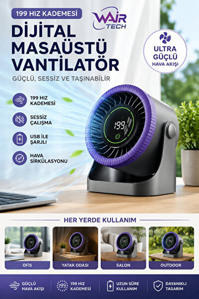 Wair Teknoloji Dijital Masaüstü Vantilatör 199 Kademeli USB Şarjlı Güçlü Hava...