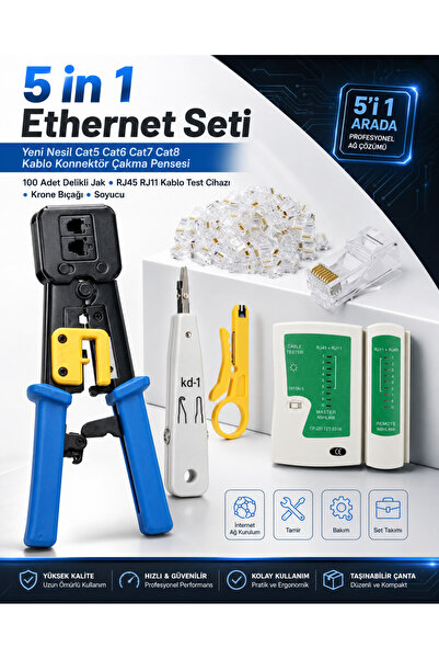 Derwell 5 in 1 Ethernet Seti Yeni Nesil Cat5 Cat6 Cat7 Cat8 Kablo Konnektör Ç...