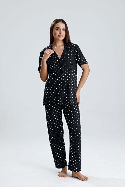 Lahor Secret Women's Milan Fabric Buttoned Collar Patterned Short Sleeve Long...