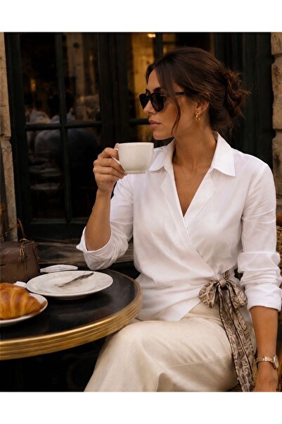 DESS DESIGN Women's White Double-Breasted Shirt Blouse with Tie Detail