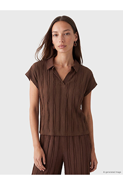 LC Waikiki Peak New Season Brown Polo Collar Textured Blouse