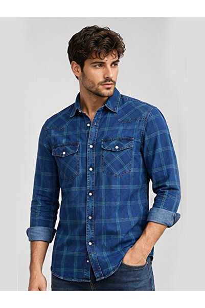FSR FUSARO Erkek Denim Ekose Pamuklu Çıtçıt Düğmeli Slim Fit Uzun Kollu Gömlek