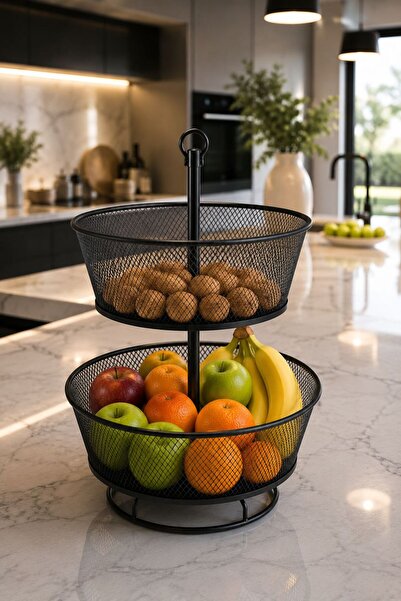 VENON Nazen 2-Layer Black | | Metal Fruit Bowl Vegetable Basket Metal Basket Multi-Purpose Box Bathroom Kitchen Organizer | |   Decorative Fruit Basket 2-Tier Fruit Bowl Vegetable Bowl Modern Decorative Fruit Basket Coffee Corner Kitchen