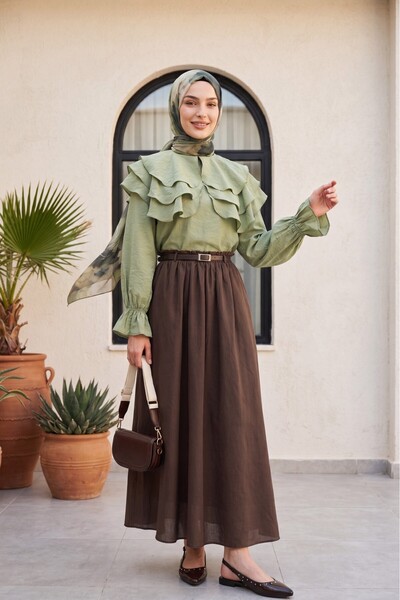 Modamorfo Layered Baby Collar Modal Blouse with Elastic Sleeves - Green