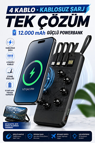 Zineets Kablosuz & Kablolu Şarj Özellikli Powerbank 4 Çıkışlı 12.000 Mah Taşı...