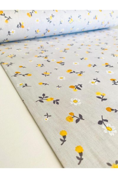 seyranat 1 Meter, Width 240 Cm, Gray Color, Yellow Floral Pattern, Cotton Quality Fabric for Bedding, Dressmaking, Hobby Projects