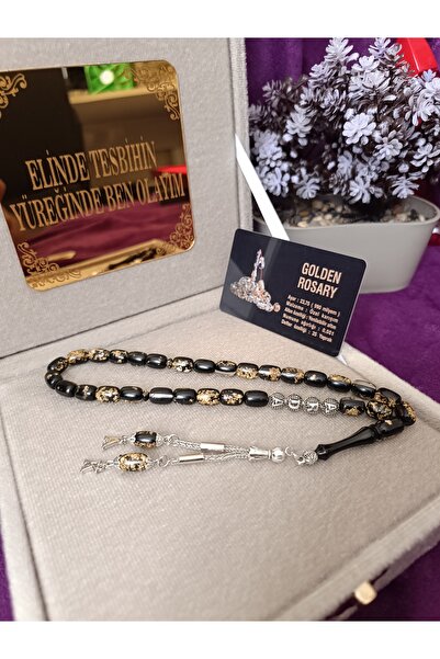 Kehribar Kişiye Özel Harfli Altın Parçacıklı Golden Rosary Siyah Tesbih Serti...