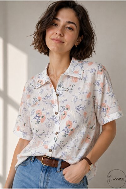 Cassime Cămașă de damă, ecru, culoare somon, cu imprimeu floral și broderie, ...