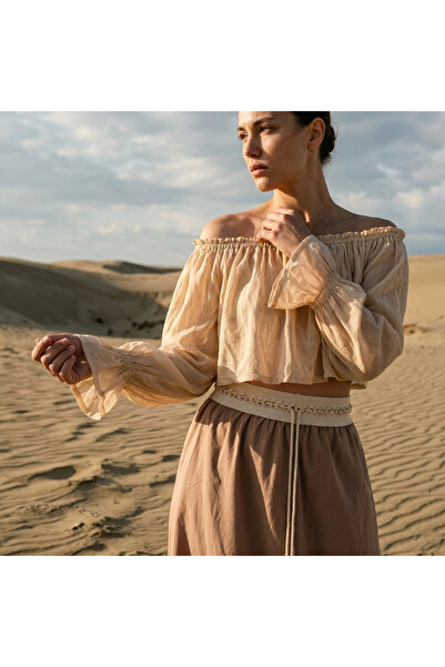 su koleksiyon tekstil Sahra Madonna Collar Crop Bluz / Ecru
