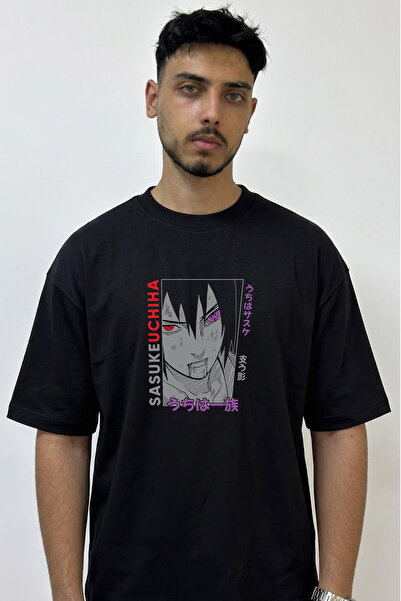 Anetos Sasuke Uchiha Design Printed Oversize Black T-Shirt