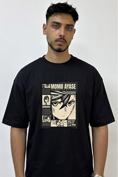 Anetos Momo Ayase Dandadan Design Printed Oversize Black T-Shirt