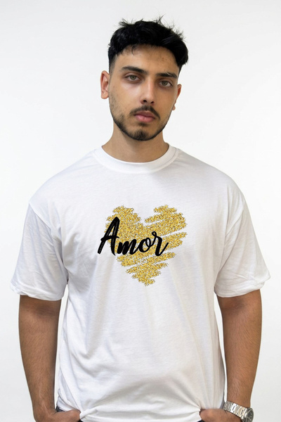 Anetos Amor Heart Gold Design Printed Oversize White T-Shirt