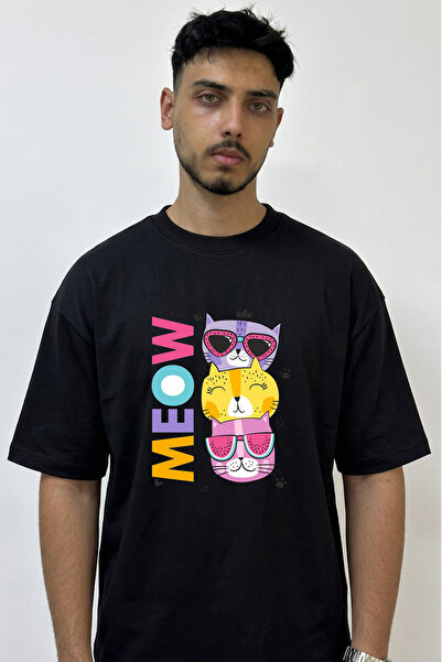 Anetos Cat Meow Design Printed Oversize Black T-Shirt