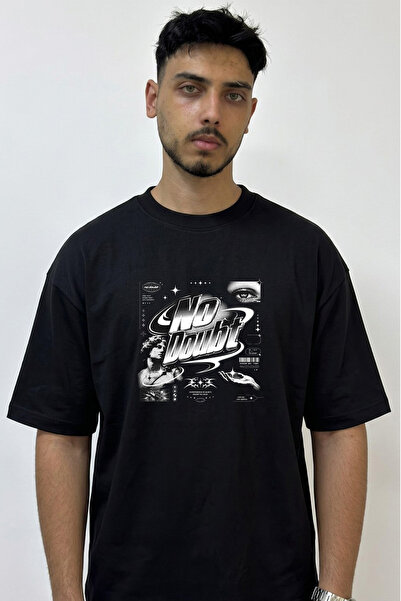 Anetos No Doubt Design Printed Oversize Black T-Shirt