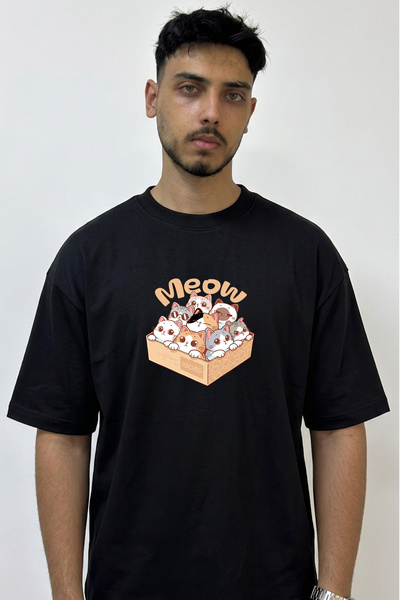 Anetos Cute Kittens in a Box Design Printed Oversize Black T-Shirt