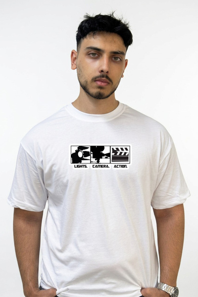 Anetos Camera Clapper Design Printed Oversize White T-Shirt