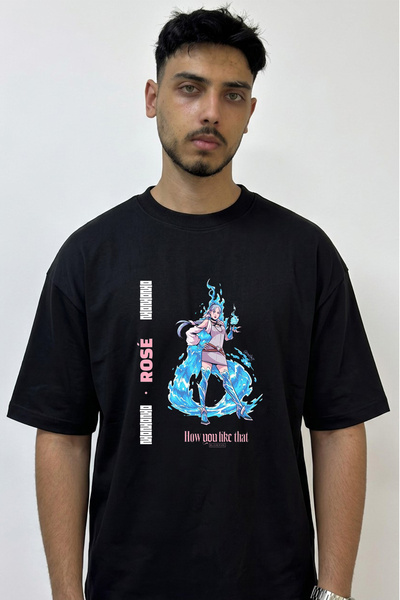 Anetos Rose Blackpink_1 Design Printed Oversize Black T-Shirt