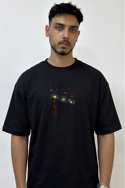Anetos Faith Hope Love Design Printed Oversize Black T-Shirt