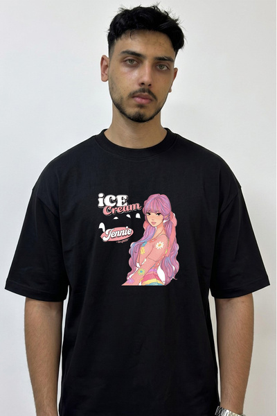 Anetos Jennie Icecream Design Printed Oversize Black T-Shirt
