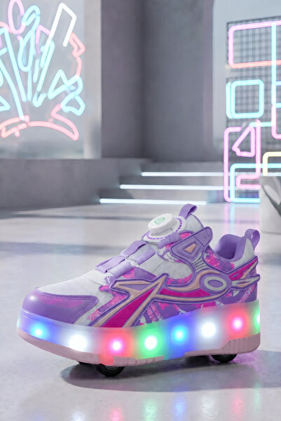 E evalupe Mor Pembe Çocuk Tekerlekli Işıklı Spor Ayakkabı Paten Sneaker