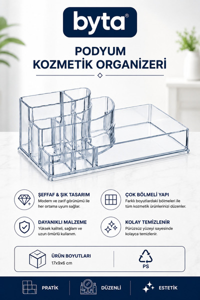 BYTA Şeffaf Akrilik Makyaj ve Kozmetik Düzenleyici Organizer – Çok Bölmeli Ma...