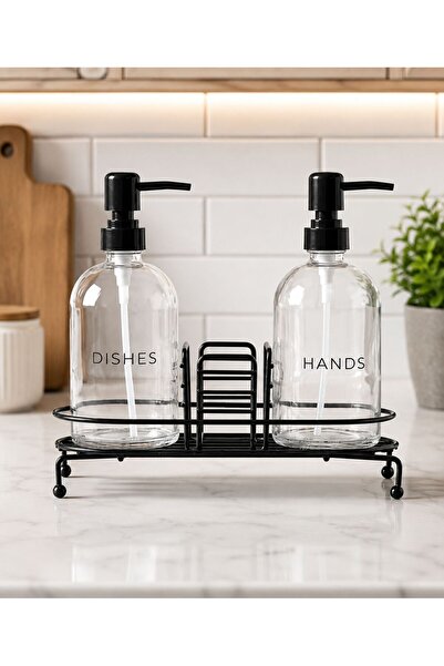 Minya Home Nova 2-Piece Glass Liquid Soap Dispenser Set with Stand and Label,...